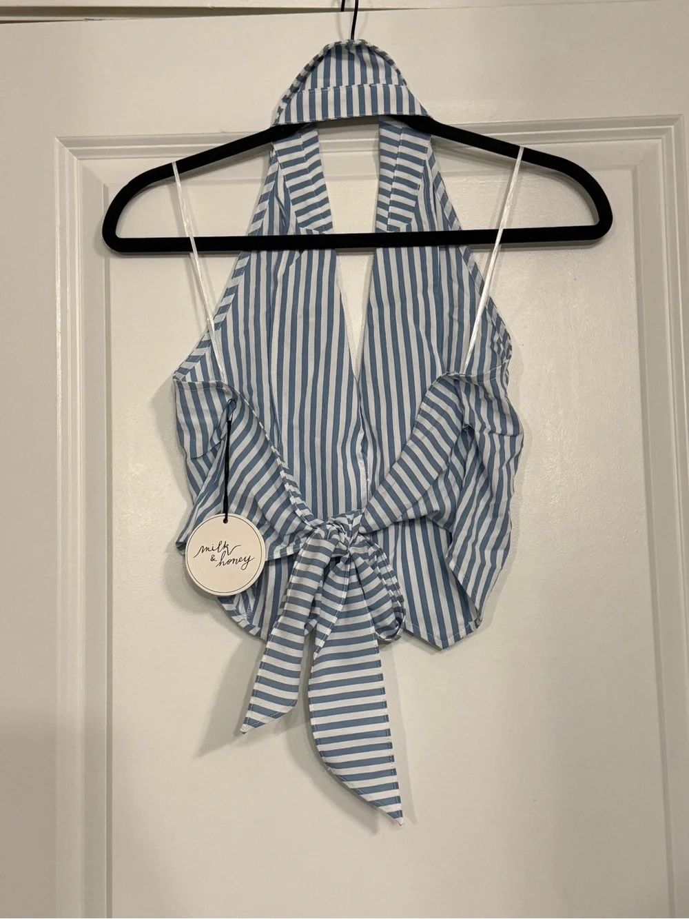 Magnolia Blue & White Striped Matching Set – Halter Top + Tailored Shorts Sz M/L